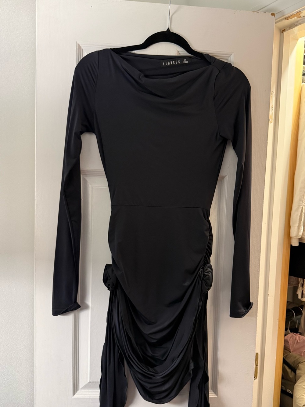 Lioness Black Long-Sleeve Ruched Draped Midi Dress